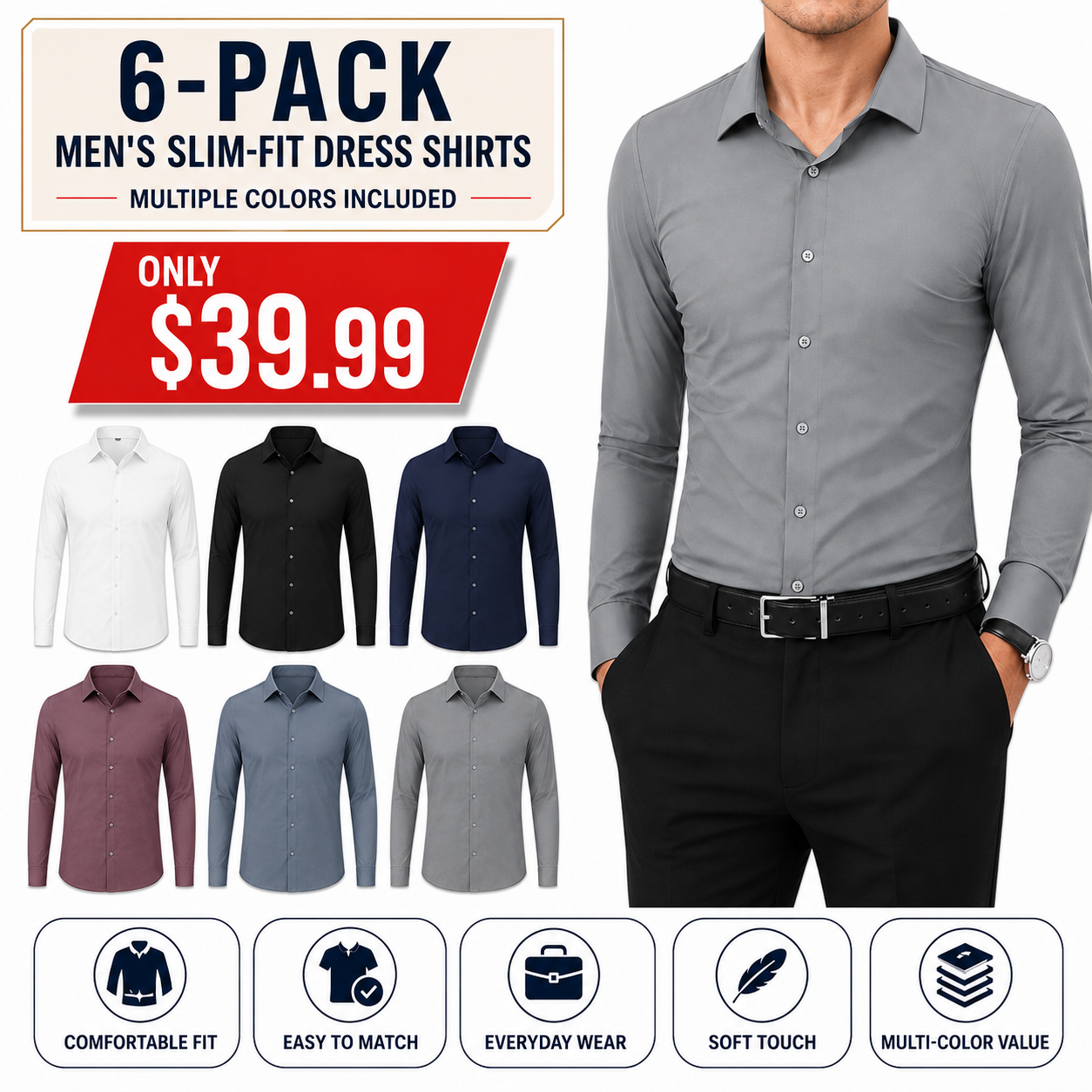 Men's Slim Fit Long Sleeve Button Down Business Casual Shirts Wrinkle Free Traveler Shirts