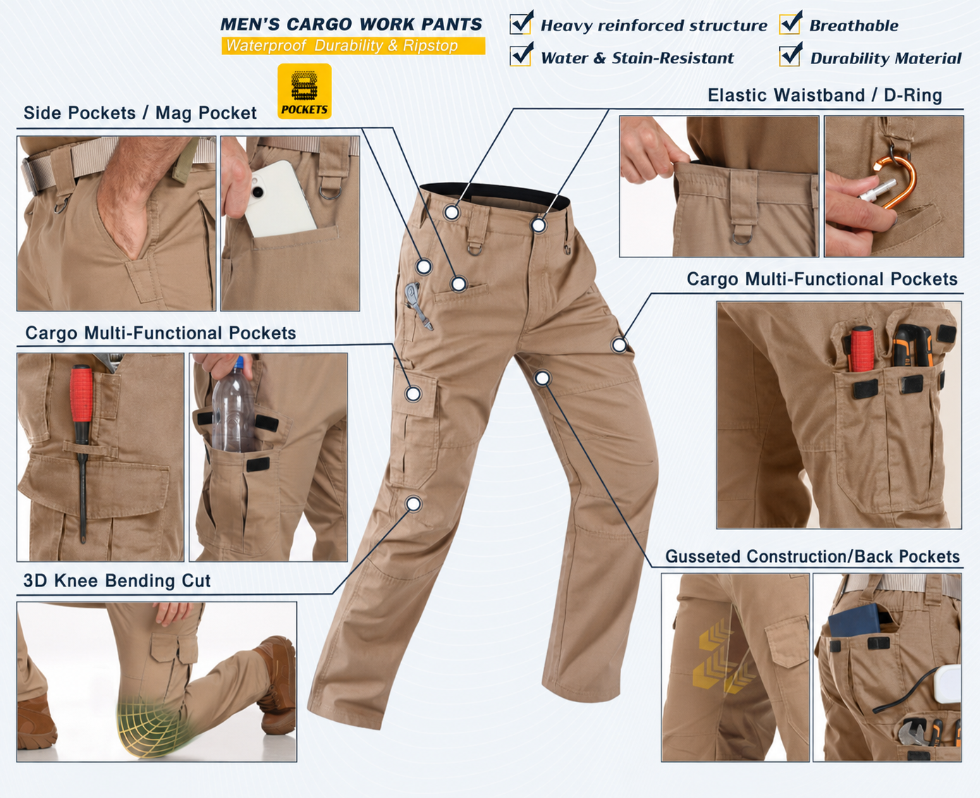 Men‘s Work Pants Water Resistant Elastic Waist Outdoor Breathable Cargo Tactical Pants with 8 Pockets