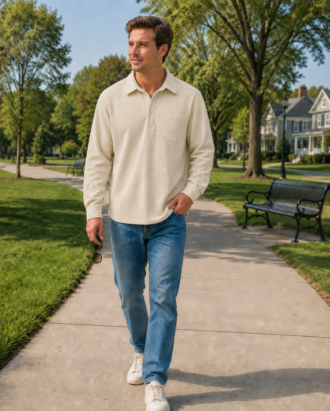 Men's Plain Pocket Half Button Corduroy Shirt, Casual Comfy Regular Fit Long Sleeve Collared Top For Fall & Winter, Men's Clothes For Daily Wear