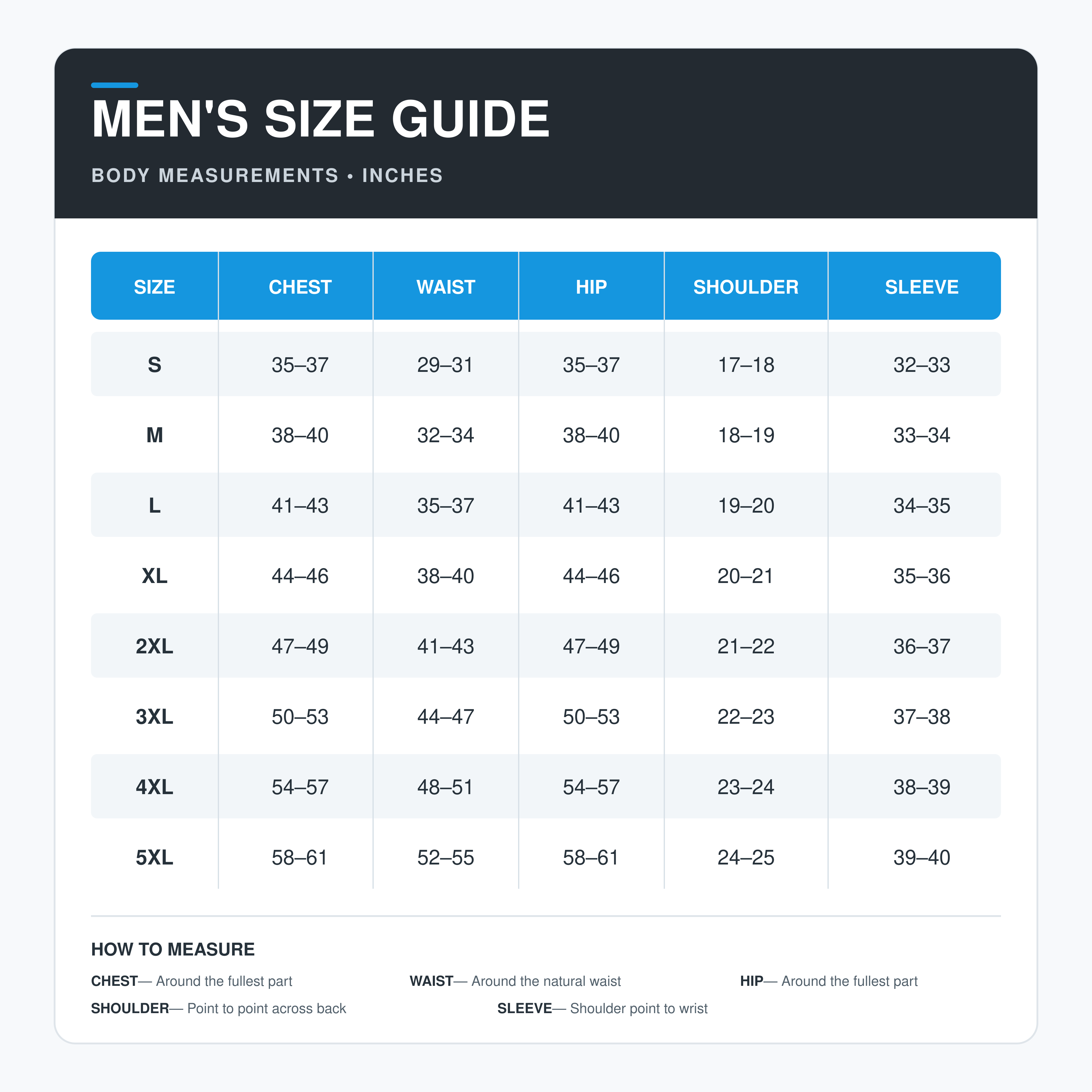 Men's hoodie size guide with body measurements