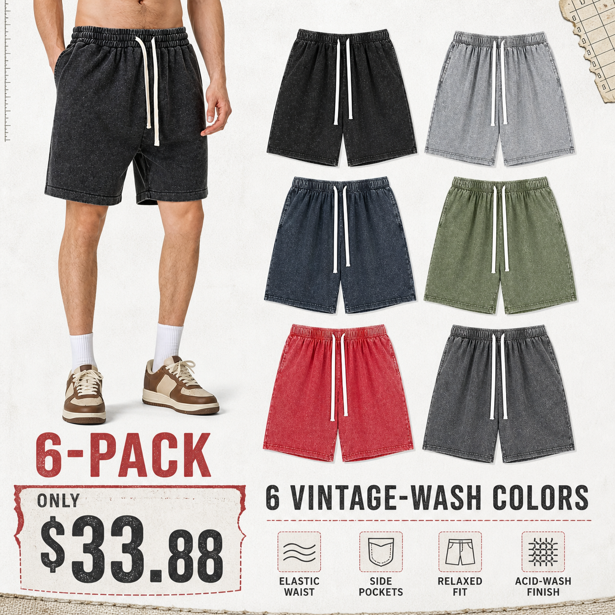 Men's Sweat Shorts Cotton Athletic Shorts Vintage Acid Wash Elastic Waist Drawstring Workout Shorts with Pockets