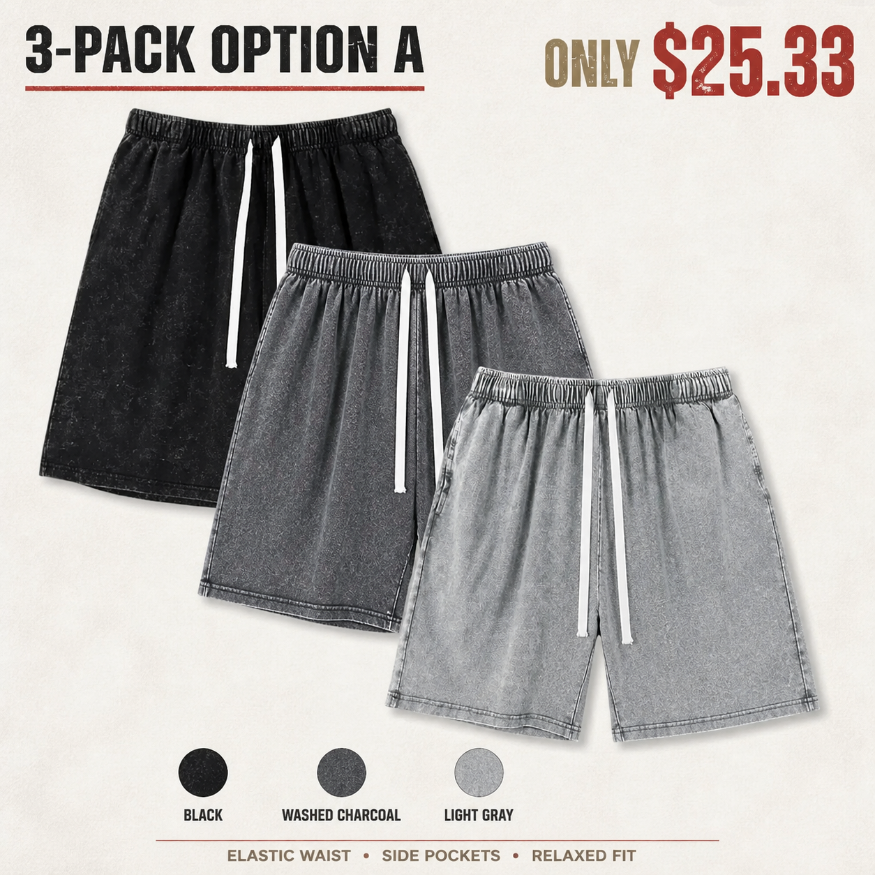 Men's Sweat Shorts Cotton Athletic Shorts Vintage Acid Wash Elastic Waist Drawstring Workout Shorts with Pockets