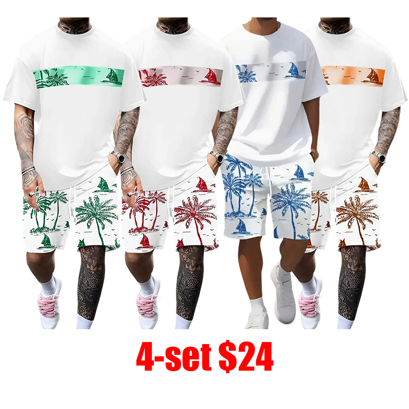 Men's Tropical Palm Tree Print T-Shirt and Shorts Set, Casual Fitted All-Over Print Outfit for Summer, Fashion Comfortable Wear