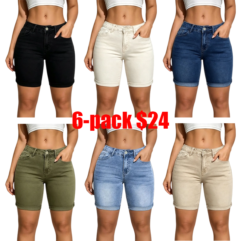 Women's 3-Pack Slim-Fit Denim Shorts – Washed Casual Summer Shorts with Pockets