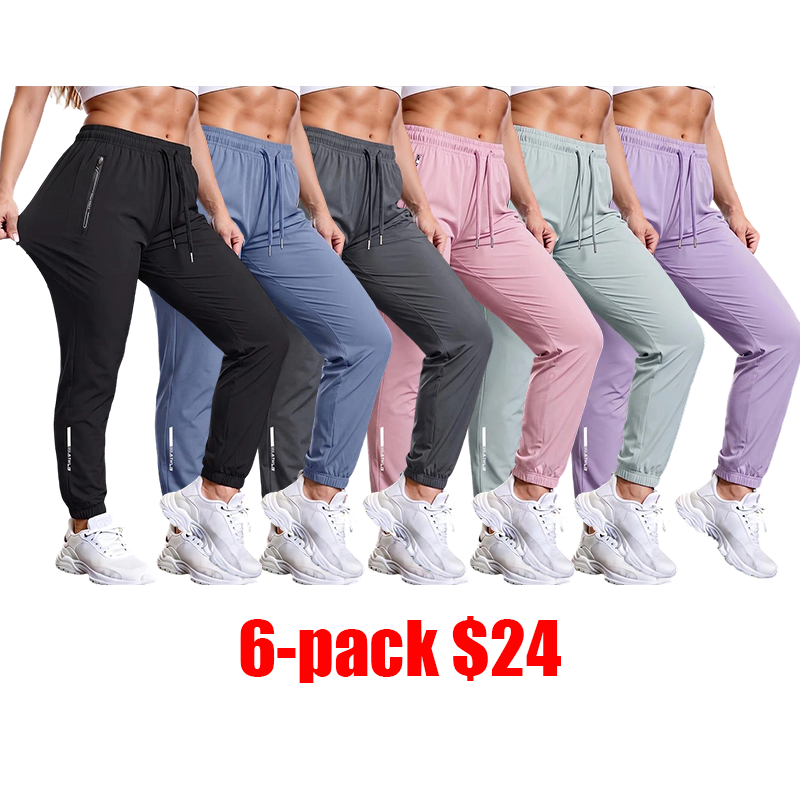 Women's 6-Pack Casual Long Pants – Elastic Waist Drawstring Zippered Pocket Sporty Trousers for All Seasons