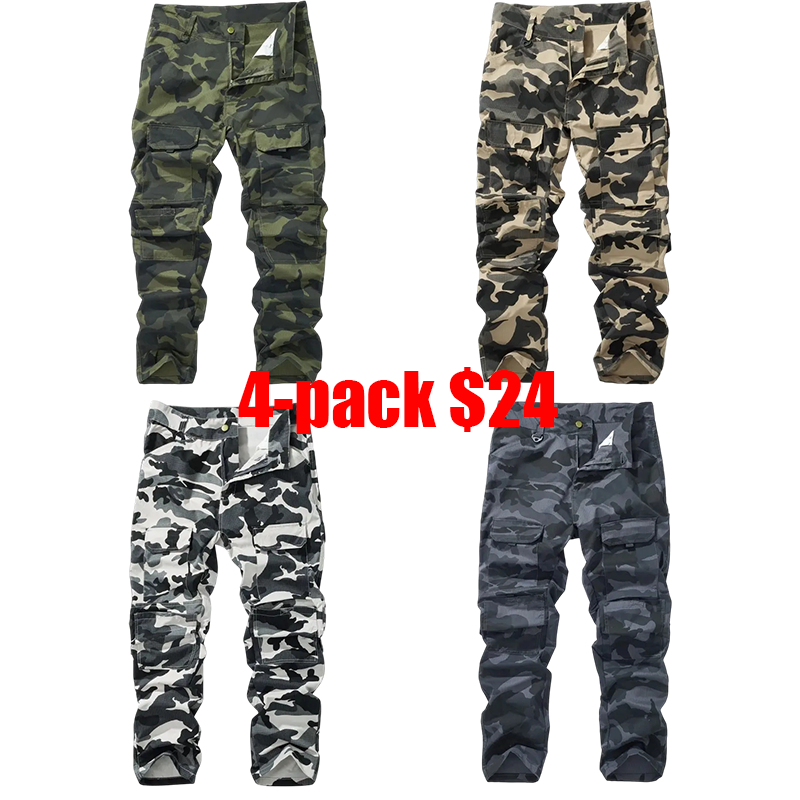 Men's 4-Pack Cargo Pants – Multi-Pocket Camouflage Tactical Work Pants for Outdoor & Daily Wear