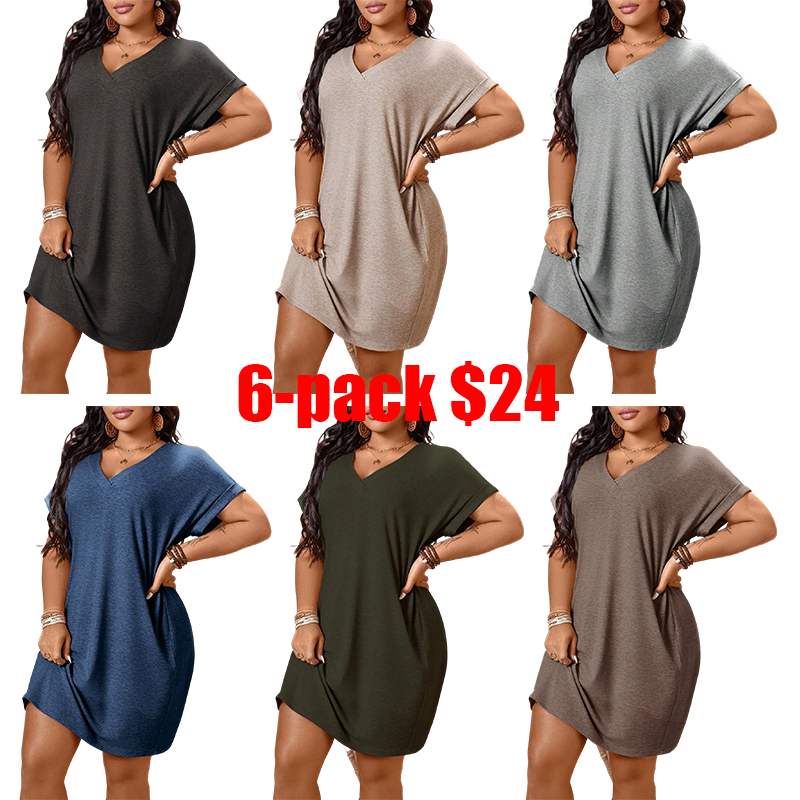 Plus Size Women's Loose T-Shirt Dress – V Neck Batwing Sleeve Casual Summer Vacation Dress