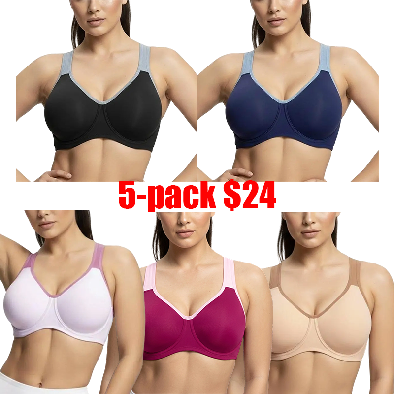 Women's 5-Pack Plus Size Sports Bra – Soft Support Non-Padded Unlined Full Coverage Activewear with Wide Straps & Outside Underwire for Everyday Fitness