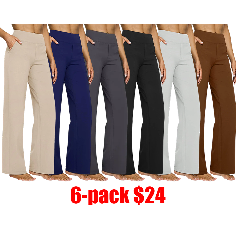 Women's 6-Pack High Waist Wide Leg Pants – Soft Stretch Yoga Pants with Pockets, Plus-Size Business Casual Daily Wear