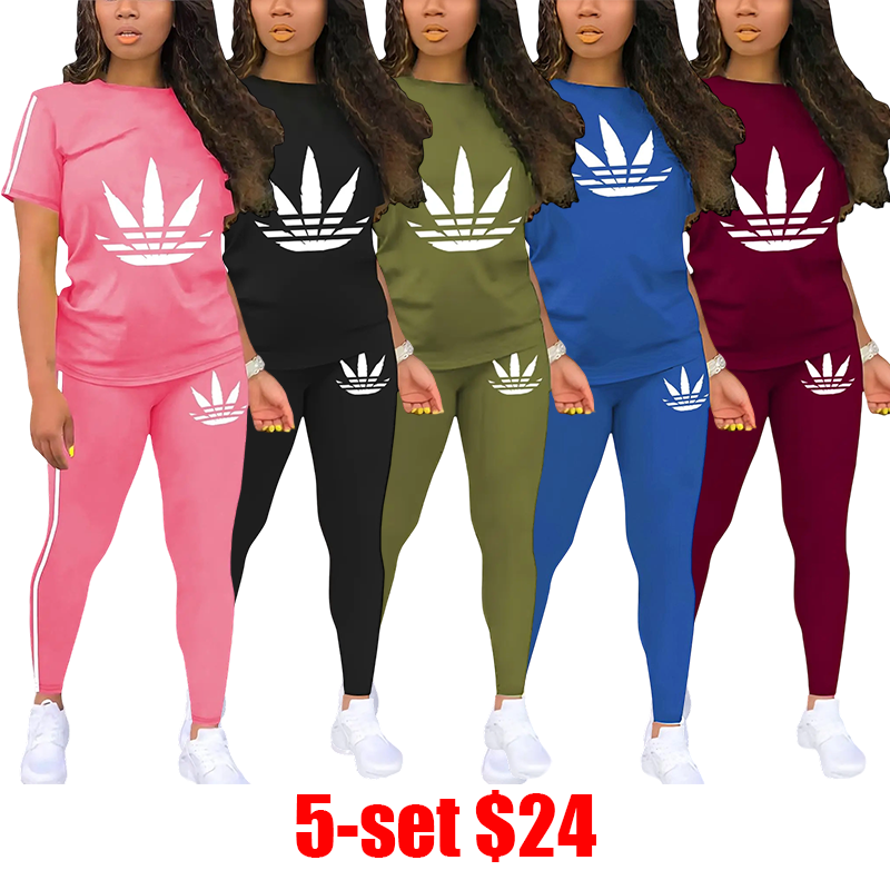 Women's 5-Piece Printed Sporty 2-Piece Set – Round Neck Drawstring Short Sleeve Top & Long Pants, Fitted Letter Pattern Athleisure Wear for Summer Workout & Casual
