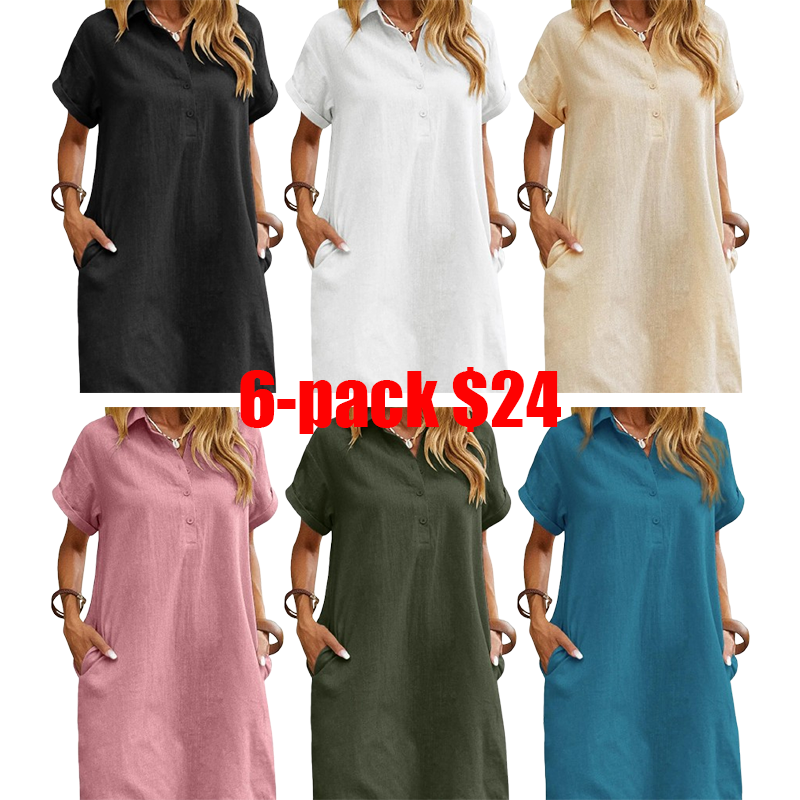 Women's Cotton Shirt Dress – Short Sleeve Button Down Beach Cover Up with Pockets