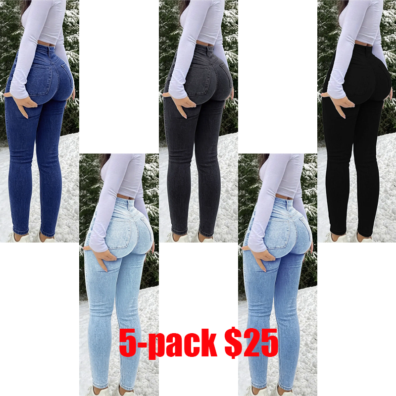 Women's 5-Pack High Waist Slim-Fit Pants – Elegant Casual Button Fly Jeans for All-Season Wear