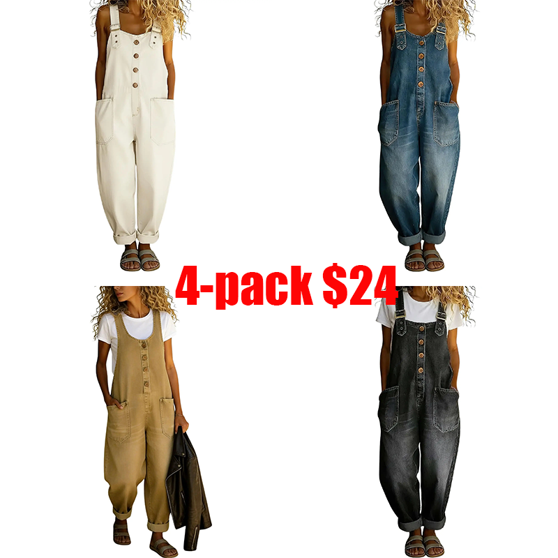 Women's Vintage Wide Leg Denim Overalls – Button Front Loose Bib Jumpsuit Romper