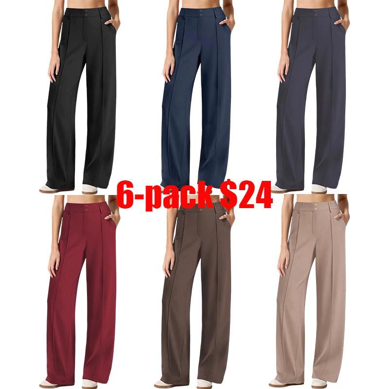 Women's 6-Pack Stretch Dress Pants – High-Rise Straight Leg Lounge Trousers with Pockets