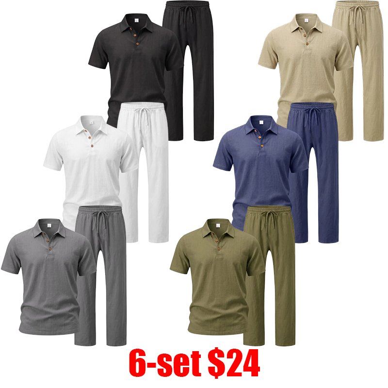 Men's 2-Piece Set – Short Sleeve Button Down Shirt & Loose Pants, Breathable Summer Vacation Outfit