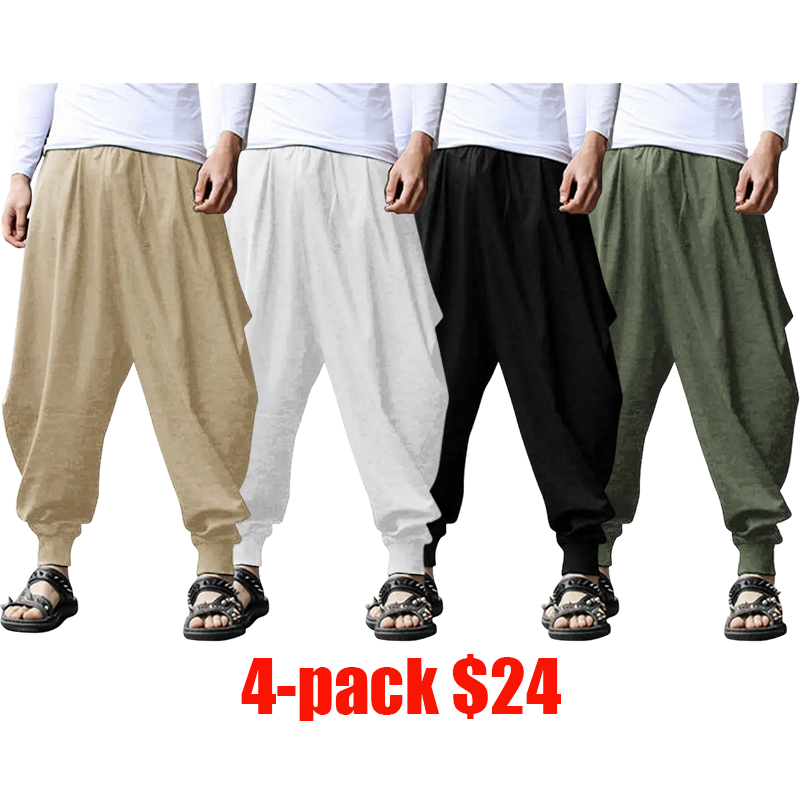 Men's 4-Pack Linen Harem Pants – Baggy Boho Yoga Drop Crotch Casual Trousers