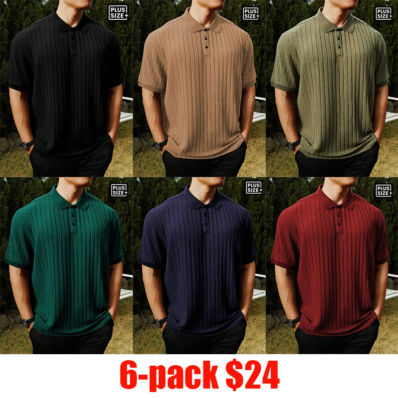 Plus Size Men's Ribbed Polo Shirt – Loose Knit Collar Striped Casual Short Sleeve Top