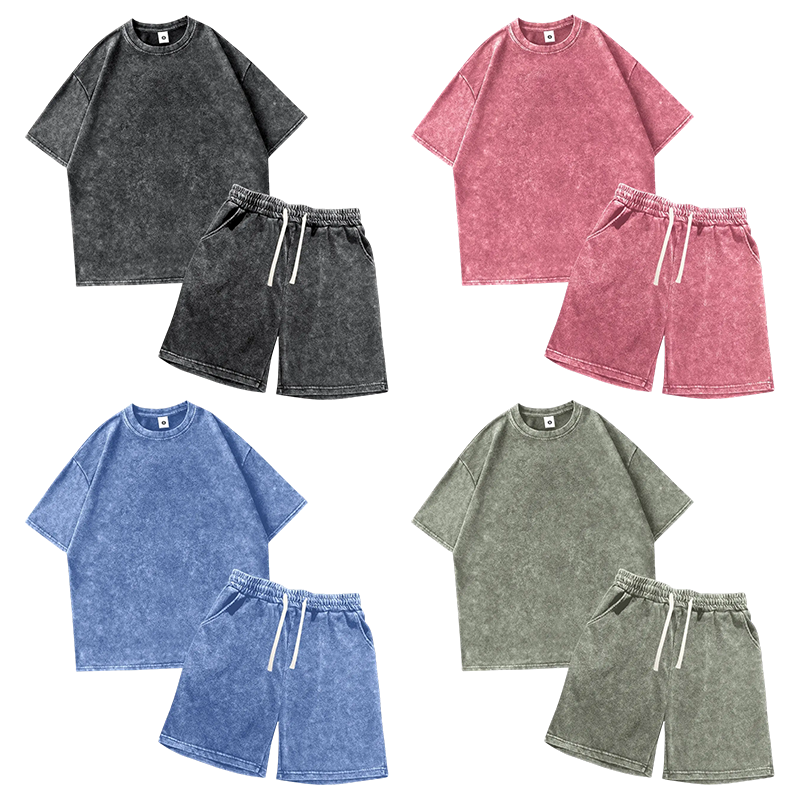 Men's 4-Piece Loungewear Set – Vintage Acid-Wash T-Shirt & Elastic Drawstring Shorts for Summer Casual & Camping