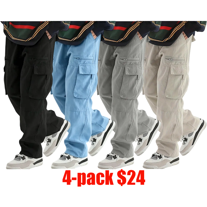 Men's 4-Pack Cargo Pants – Casual Streetwear with Pockets, All-Season Comfort Fit