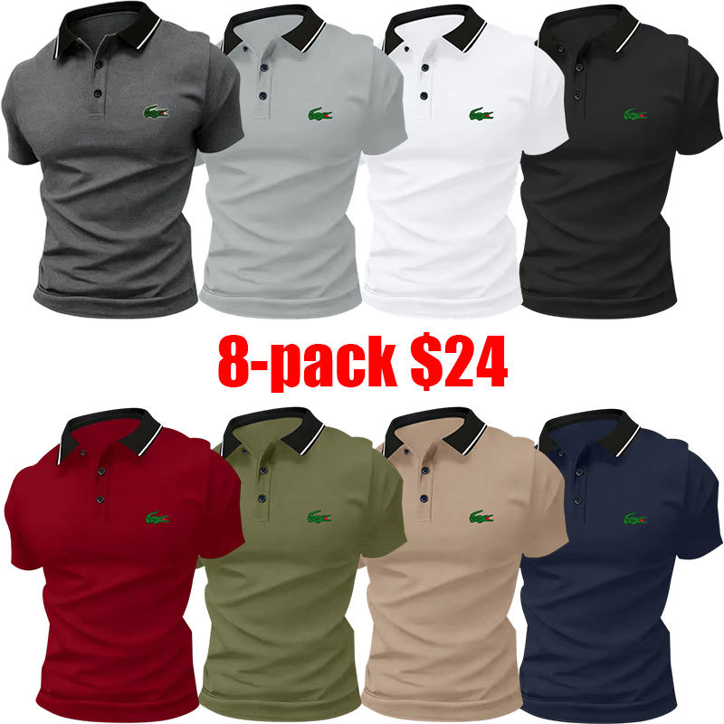 Men's 8-Pack Polo Shirt Set – Stylish Green Crocodile Print, Breathable Short Sleeve Business-Casual Summer Tees, Great Gift Idea