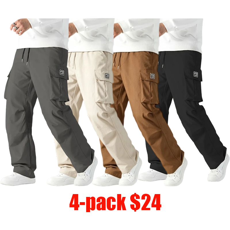 Men's 4-Pack Tactical Cargo Pants – Elastic Waist Multi-Pocket Casual Trail Pants