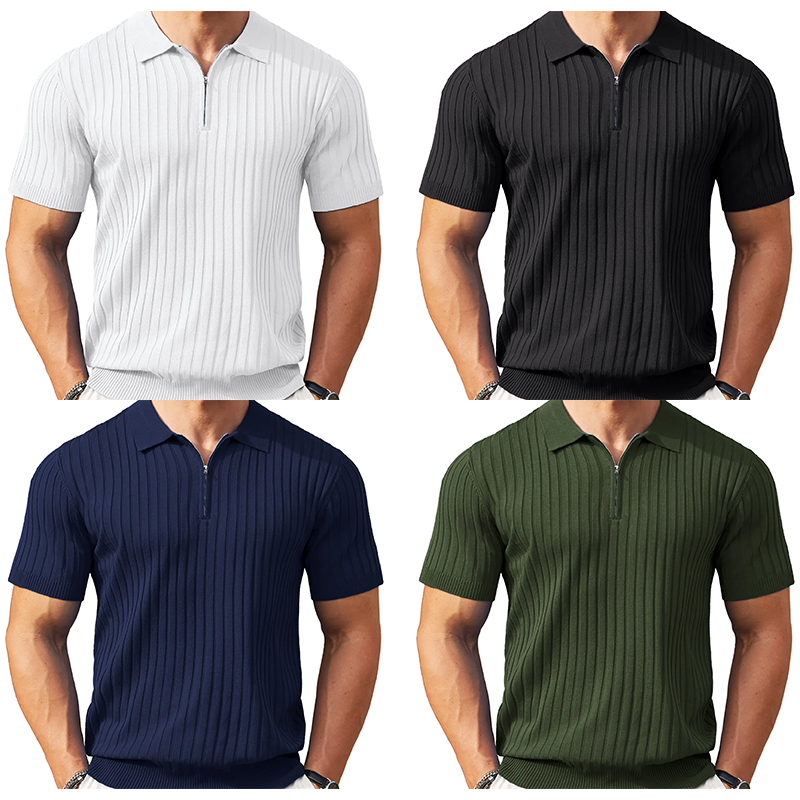 Men's Zipper Polo Shirts – Ribbed Knit Short Sleeve Golf Tops, Worldwide Shipping