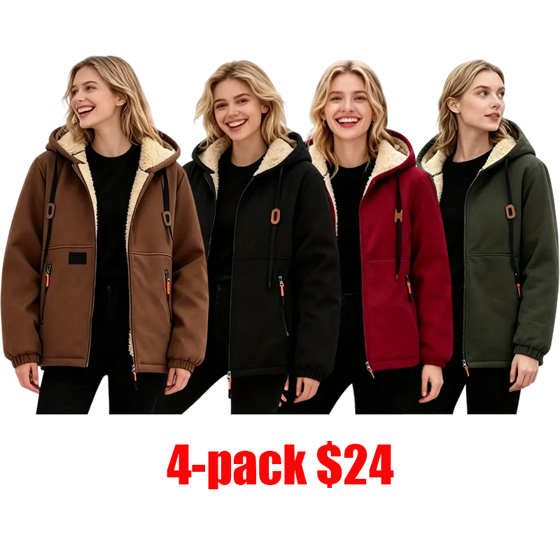 Women's Fleece Hooded Coat – Thick Warm Outerwear with Patch Detailing, Worldwide Shipping