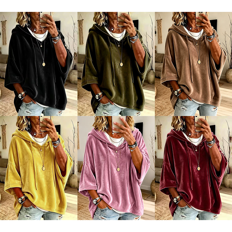 Women's Oversized Velour Hoodie – 3/4 Sleeve Loose Pullover for Fall Winter