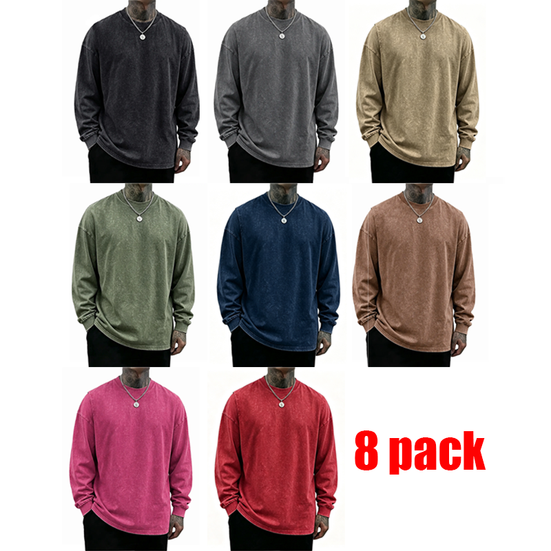 Men's 8-Pack Oversized Washed Long-Sleeve Tee – Unisex Distressed Vintage Crewneck Top