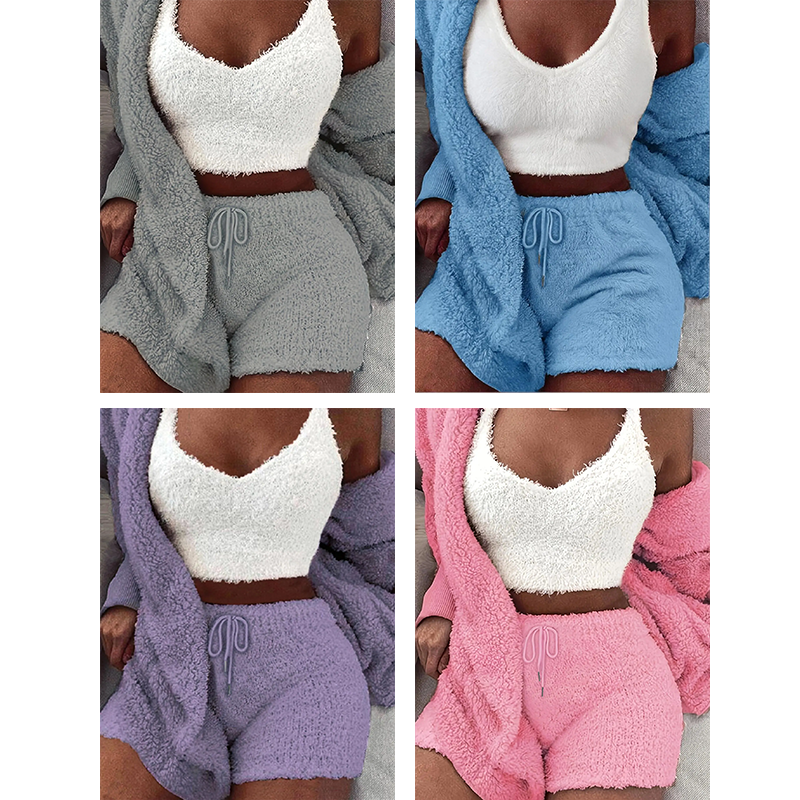 Women's 3-Piece Plush Pajama Set – Fluffy Hooded Coat, Cami Top & Shorts Winter Sleepwear
