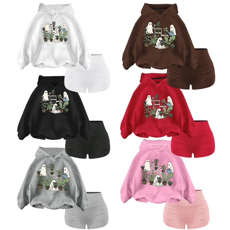 Women's 2-Piece Hooded Sweatshirt Set – Preppy Knit Pullover with Pocket & Halloween Print
