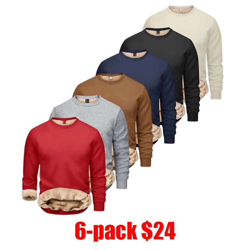 Men's 6-Pack Faux-Fleece Lined Crewneck Sweatshirts – Wind-Resistant Fitted Pullover Tops