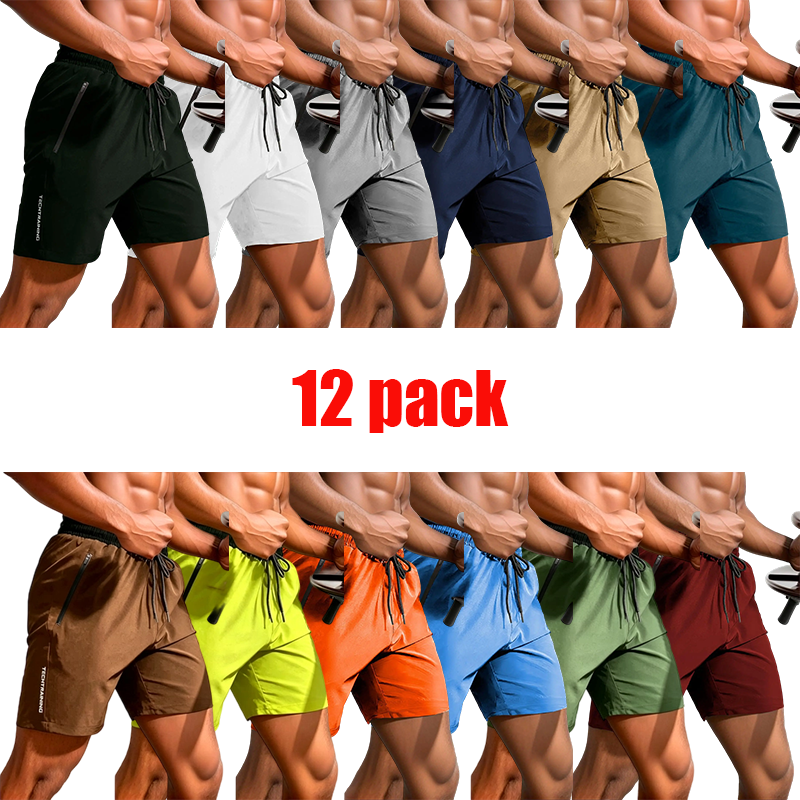 Men's 12-Pack Letter Print Track Shorts – Quick-Dry Drawstring Athletic Shorts with Zip Pockets
