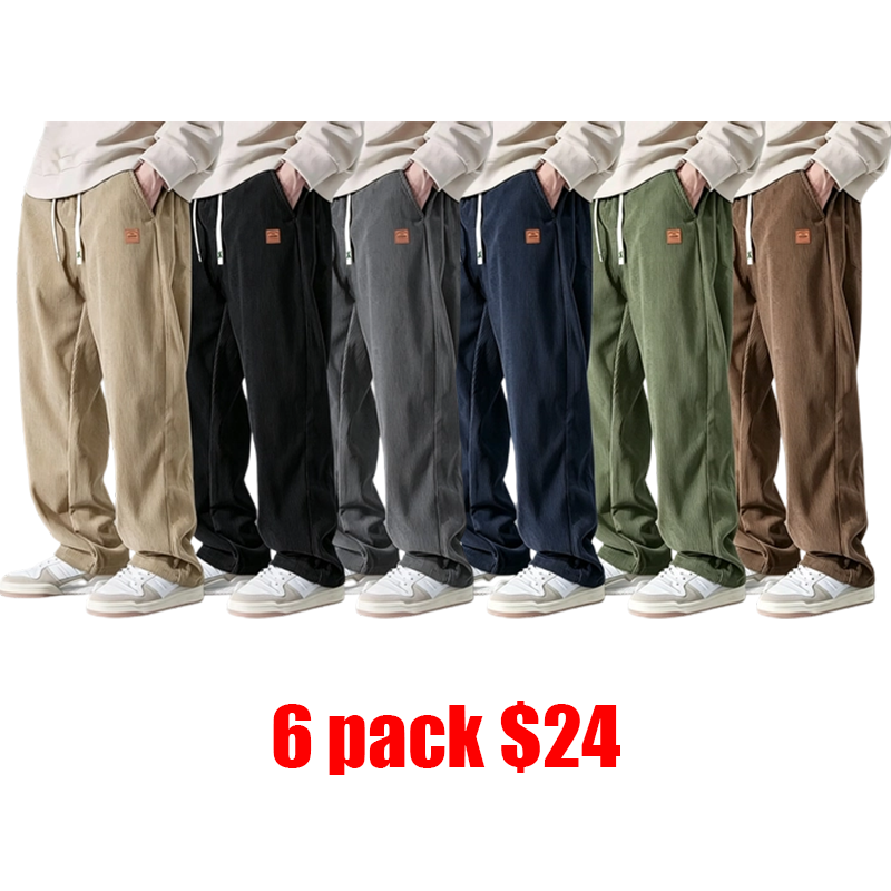 Men's 3-Pack Corduroy Pants – Loose Straight-Leg Drawstring Casual Trousers