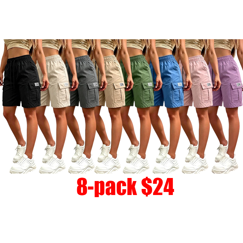Women's 8-Pack Cargo Shorts – Wide-Leg Summer Shorts with Pockets & Drawstring