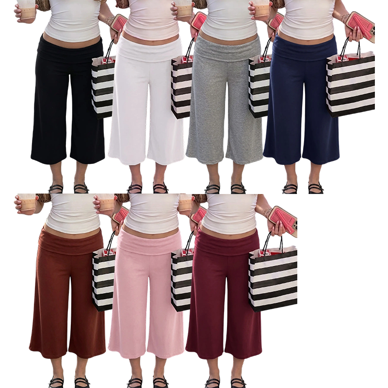 Women's Turn-Up Capri Leggings – Mid Low Waist Loose Fit Yoga Pants