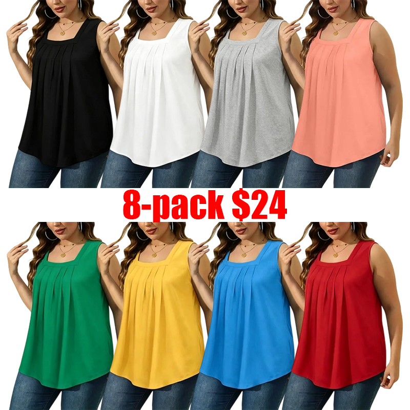 Women's 8-Pack Summer Tank Tops – Loose Pleated Square Neck Sleeveless Tops