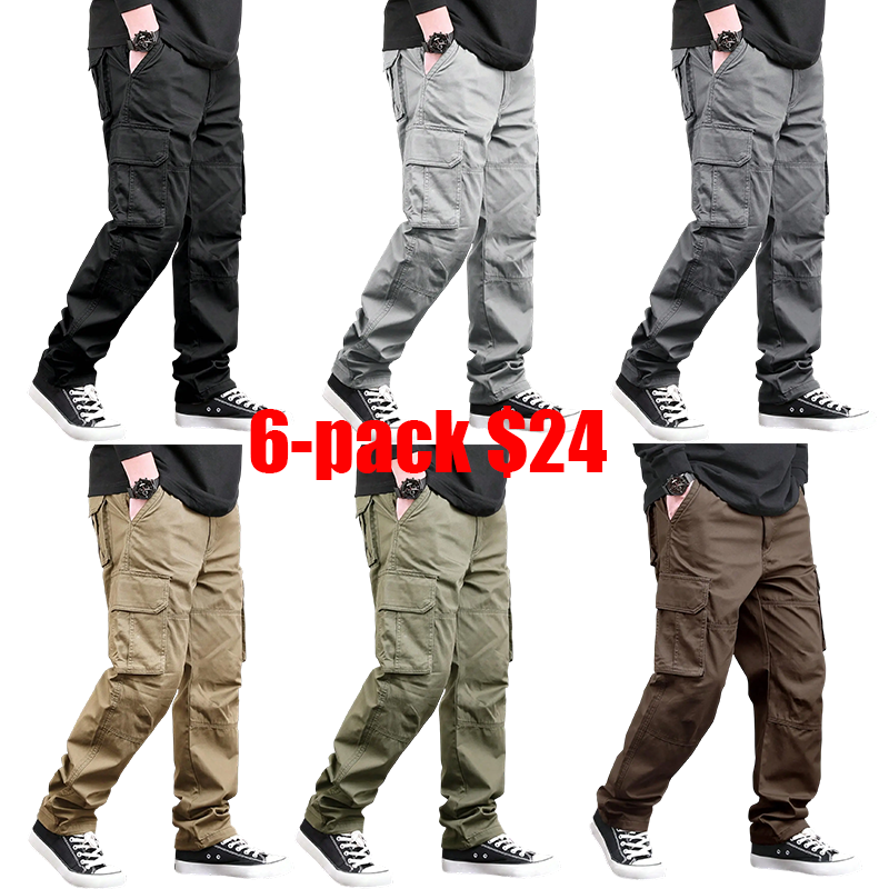 Men's 6-Pack Cargo Pants – Loose Drawstring Straight Leg Outdoor Casual Trousers