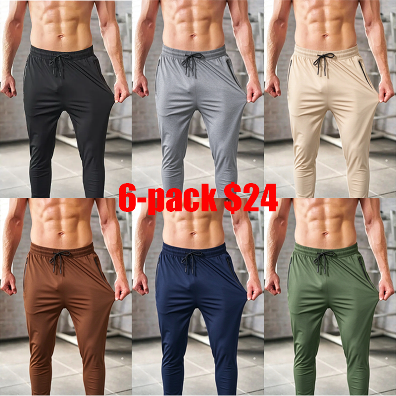 Men's 6-Pack Joggers with Zipper Pockets – Lightweight Cuffed Stretch Sweatpants for Gym & Running