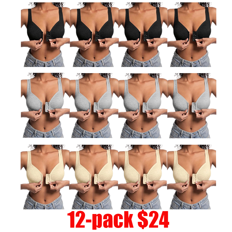 12-Pack Women's Front Closure Bras – Full Coverage Wireless Soft Support Bralettes