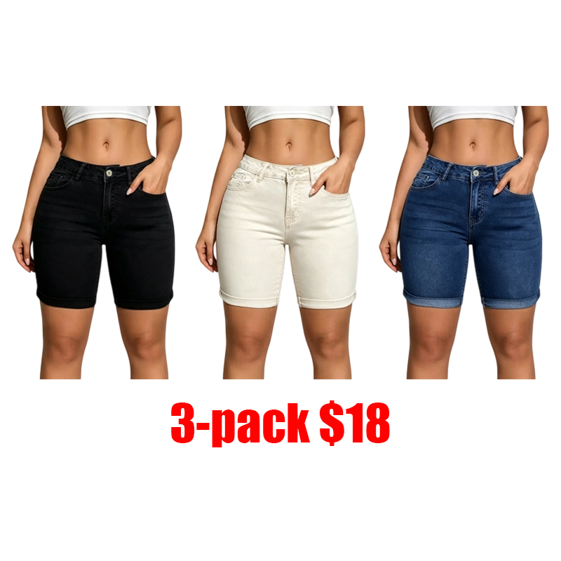 Women's 3-Pack Slim-Fit Denim Shorts – Washed Casual Summer Shorts with Pockets