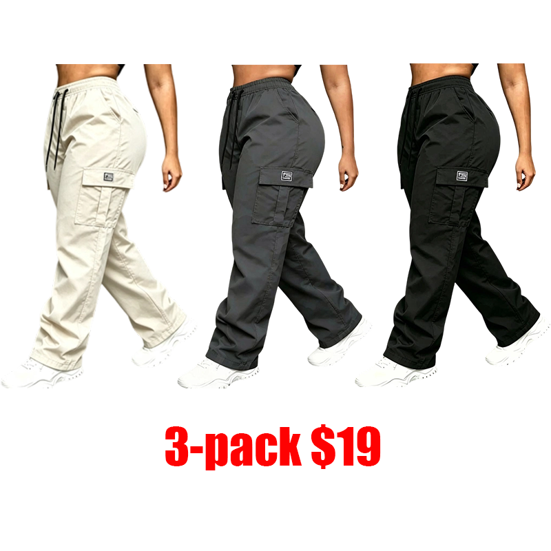 Women's 3-Pack Loose Cargo Pants – Drawstring Large Pockets Slimming Casual Athletic Trousers