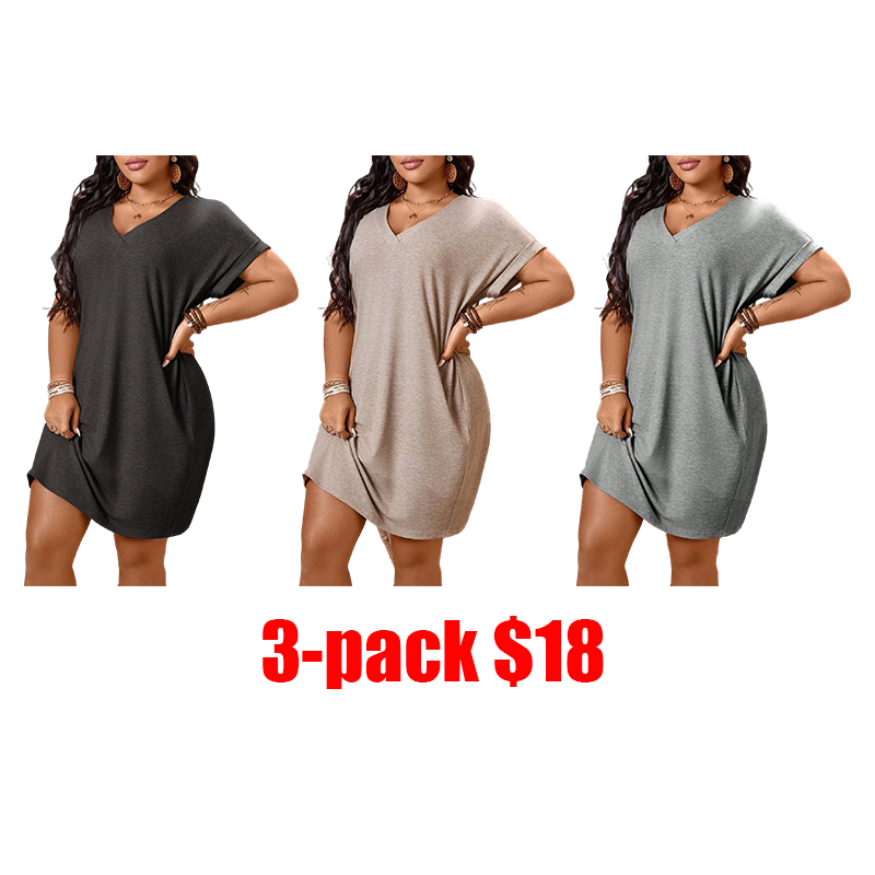 Plus Size Women's Loose T-Shirt Dress – V Neck Batwing Sleeve Casual Summer Vacation Dress