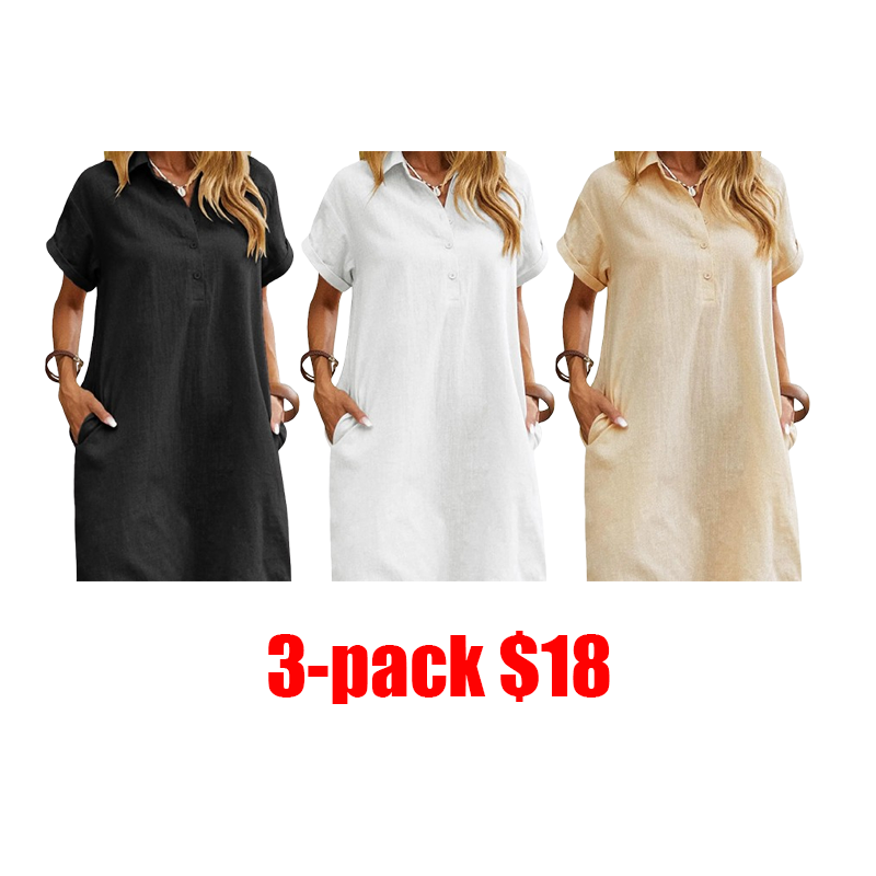 Women's Cotton Shirt Dress – Short Sleeve Button Down Beach Cover Up with Pockets