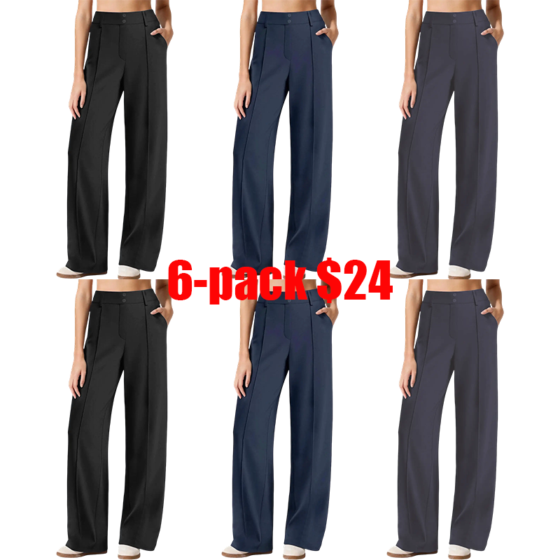 Women's 6-Pack Stretch Dress Pants – High-Rise Straight Leg Lounge Trousers with Pockets
