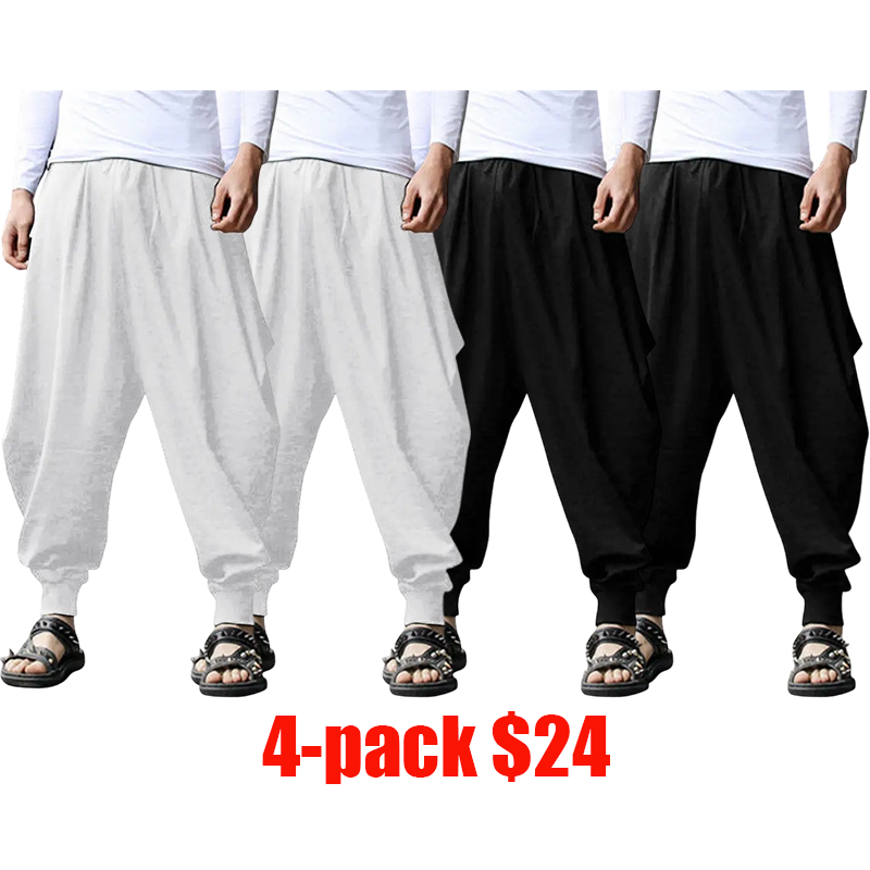 Men's 4-Pack Linen Harem Pants – Baggy Boho Yoga Drop Crotch Casual Trousers