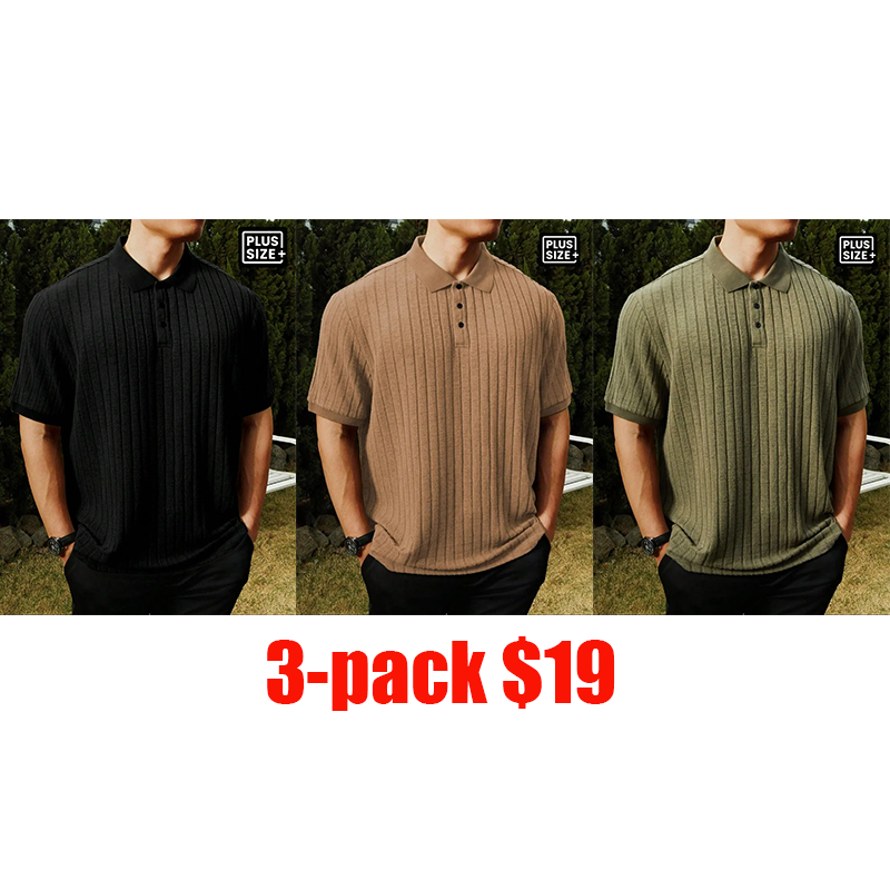 Plus Size Men's Ribbed Polo Shirt – Loose Knit Collar Striped Casual Short Sleeve Top