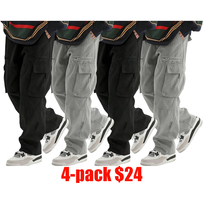 Men's 4-Pack Cargo Pants – Casual Streetwear with Pockets, All-Season Comfort Fit