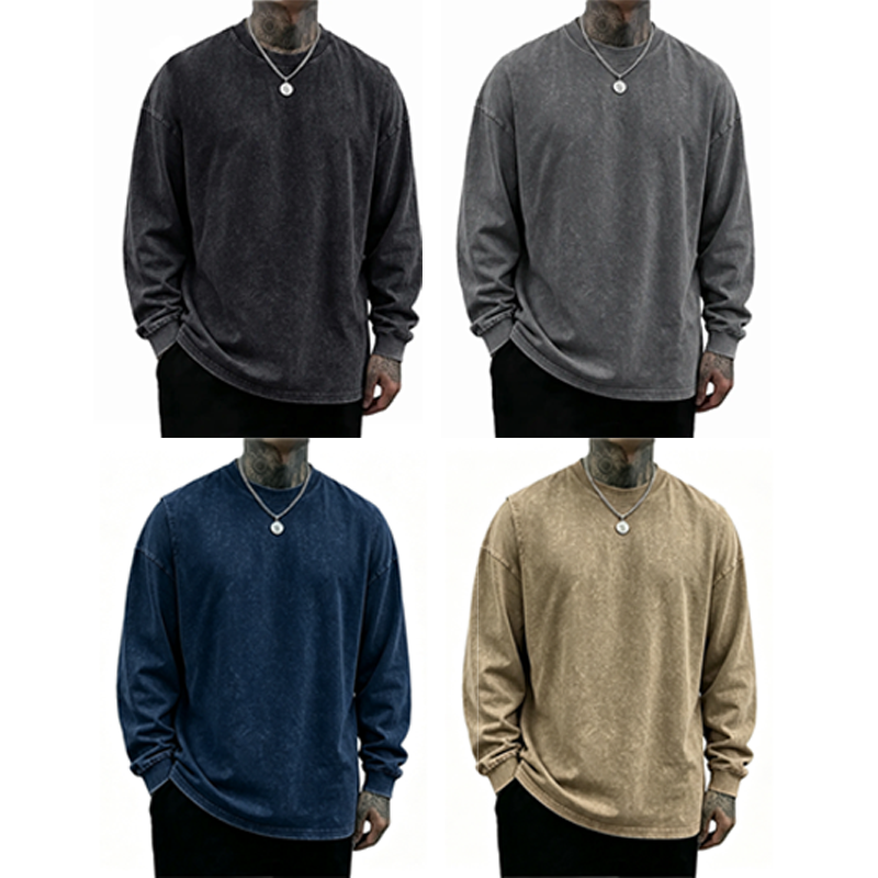 Men's 8-Pack Oversized Washed Long-Sleeve Tee – Unisex Distressed Vintage Crewneck Top