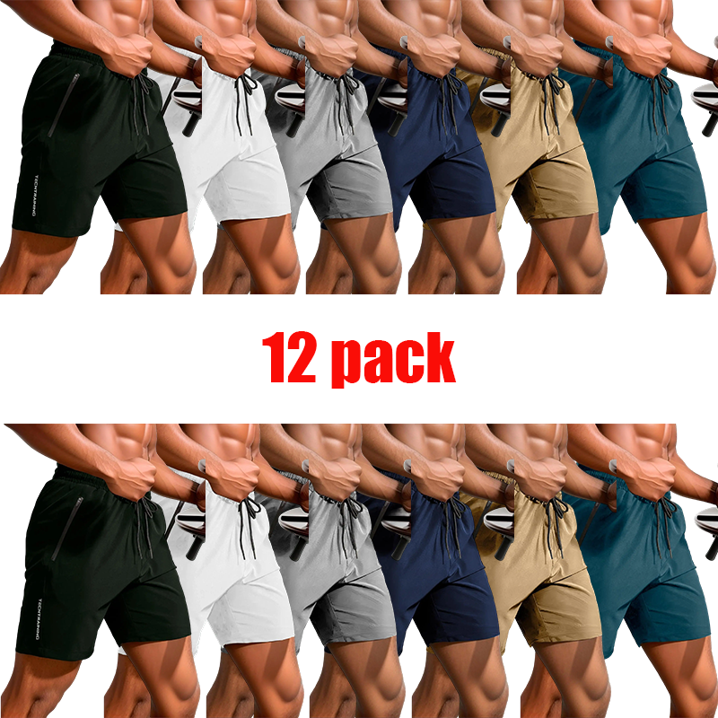 Men's 12-Pack Letter Print Track Shorts – Quick-Dry Drawstring Athletic Shorts with Zip Pockets
